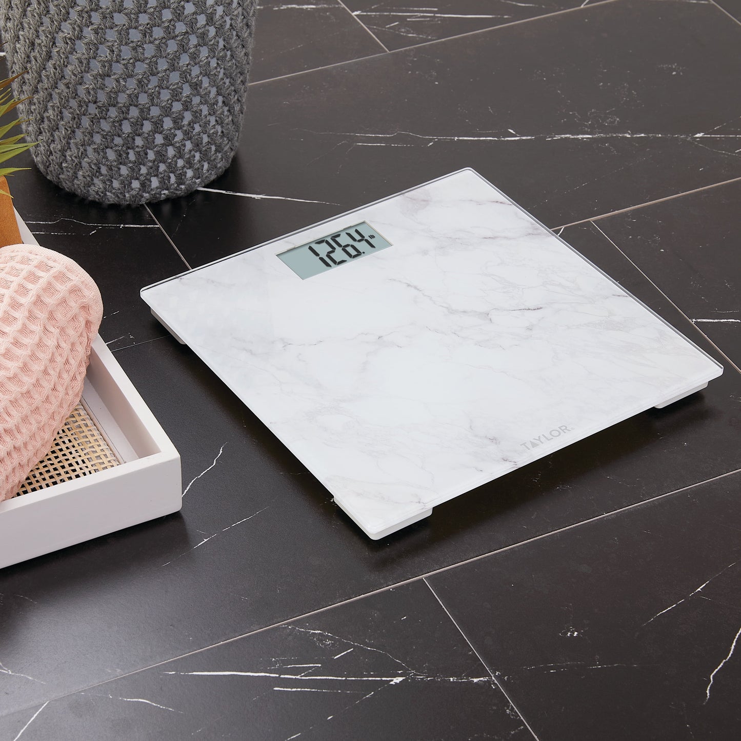 Taylor 11.8"X 11.8" Digital Glass Body Weight Scale Battery Powered, FSA HSA Eligible, 400 Lb Capacity, White Marble