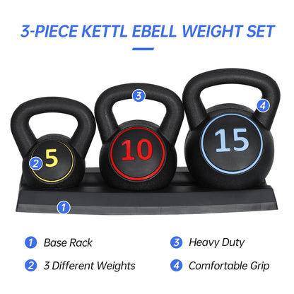 3 Piece Kettlebell Set - 5Lb 10Lb 15Lb Workout Fitness Weight Set W/ Storage Rack