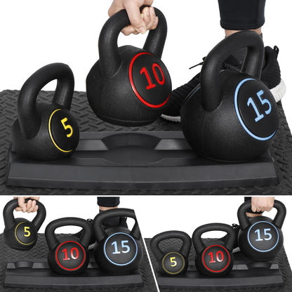 3 Piece Kettlebell Set - 5Lb 10Lb 15Lb Workout Fitness Weight Set W/ Storage Rack