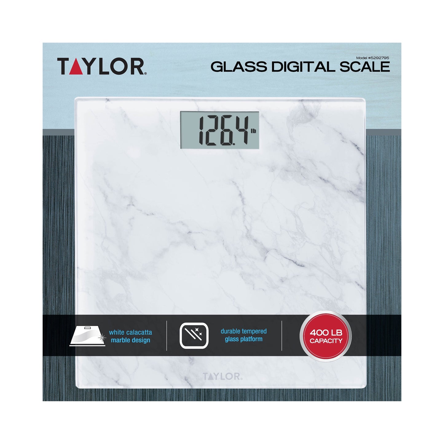 Taylor 11.8"X 11.8" Digital Glass Body Weight Scale Battery Powered, FSA HSA Eligible, 400 Lb Capacity, White Marble