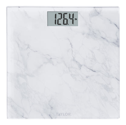Taylor 11.8"X 11.8" Digital Glass Body Weight Scale Battery Powered, FSA HSA Eligible, 400 Lb Capacity, White Marble