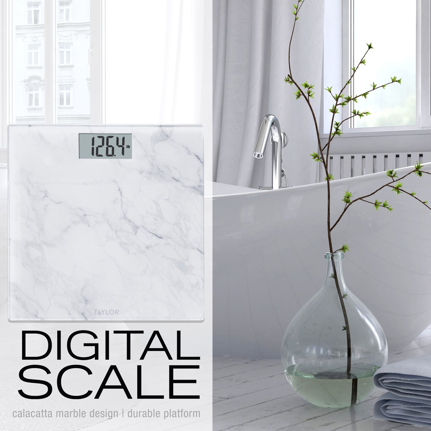 Taylor 11.8"X 11.8" Digital Glass Body Weight Scale Battery Powered, FSA HSA Eligible, 400 Lb Capacity, White Marble