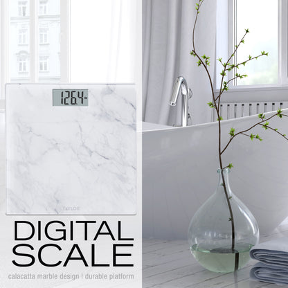 Taylor 11.8"X 11.8" Digital Glass Body Weight Scale Battery Powered, FSA HSA Eligible, 400 Lb Capacity, White Marble