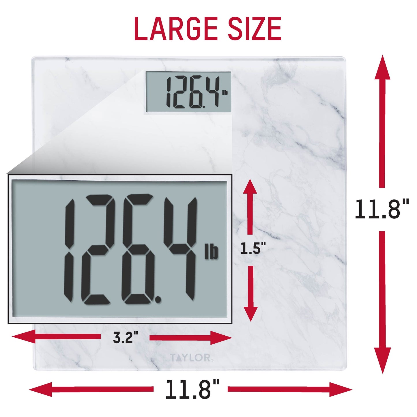Taylor 11.8"X 11.8" Digital Glass Body Weight Scale Battery Powered, FSA HSA Eligible, 400 Lb Capacity, White Marble